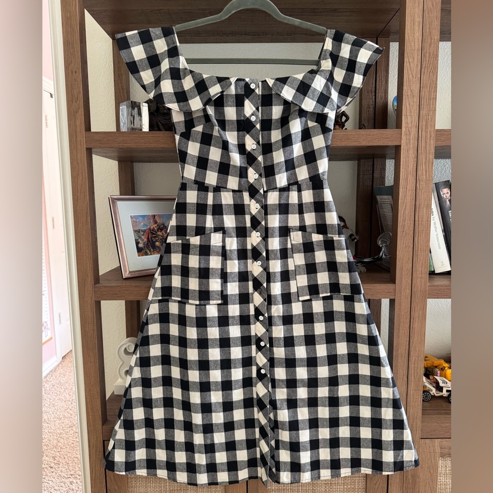 Gianni Bini Black and White Gingham Button-Front Midi Dress